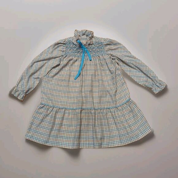 Polly Flinders Dress Girls 6 Tan Blue Plaid Hand Smocked Long Sleeve Vintage - Picture 1 of 9